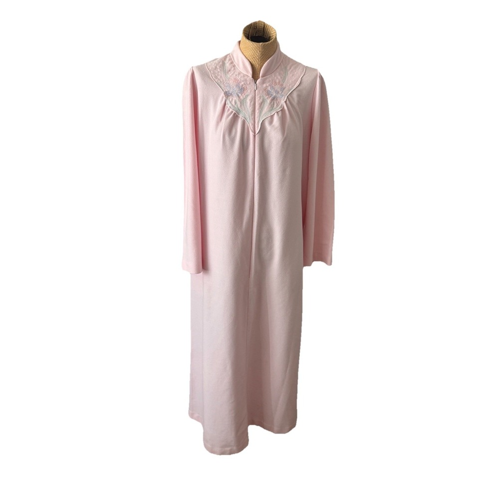 Vtg Shadowline Pink Poly Fleece Zip Front Robe Housecoat‎ Lounge Gown Medium Euc